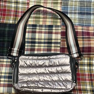 THINK ROYLN Metallic Taupe Crossbody Bag with Striped Wrist/Clutch Strap
